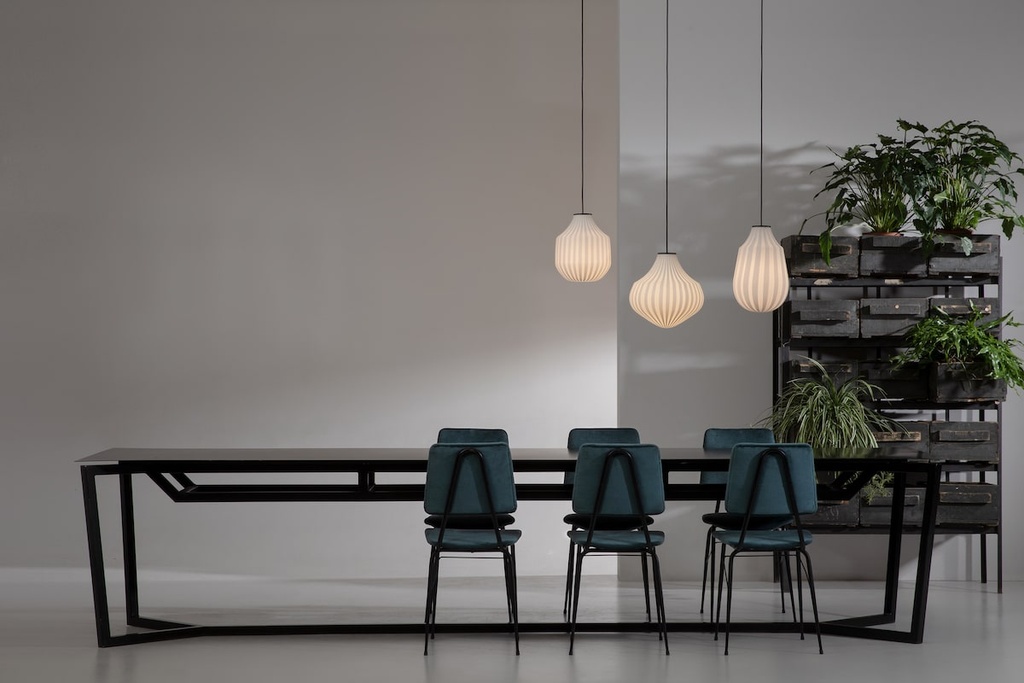 CIRCUS pendant light by Curarto in dining room above long table with six chairs at the sides